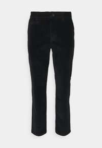 Svarta corduroybyxor med rak bendesign, utrustade med knappstängning fram, sidofickor och subtil vertikal ribbtextur.