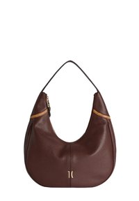 Borsa a tracolla in pelle marrone con design hobo, caratterizzata da una texture liscia, forma curva, dettagli dorati e chiusura con cerniera.