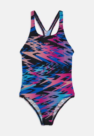 Badpak met een meerkleurig abstract patroon in roze, blauw en zwart, een racerback-ontwerp en gemaakt van polyester.