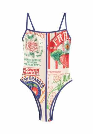 Costum de baie întreg cu bretele subțiri, cu imprimeuri florale și fructate în stil vintage, inclusiv trandafiri, căpșuni și portocale, cu accente textuale.
