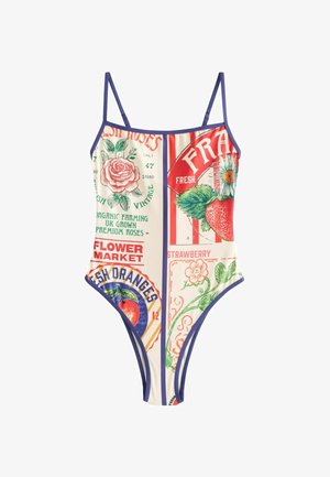 Costum de baie întreg cu bretele subțiri, cu imprimeuri florale și fructate în stil vintage, inclusiv trandafiri, căpșuni și portocale, cu accente textuale.