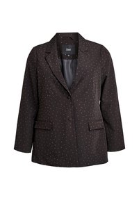 Braunes Blazer mit weißem gepunktetem Muster, Reverskragen, zwei Vordertaschen und einem einzelnen Knopfverschluss. Glatter Stoff mit taillierter Passform.