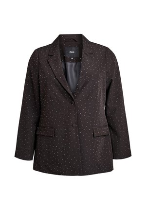 Brun blazer med hvidt prikket mønster, reverskrave, to frontlommer og enkeltknaplukning. Glat stof med skræddersyet pasform.