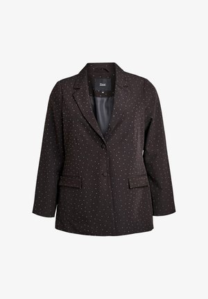 Blazer marron avec motif en pois blancs, col à revers, deux poches avant et fermeture à un bouton. Tissu lisse avec coupe ajustée.