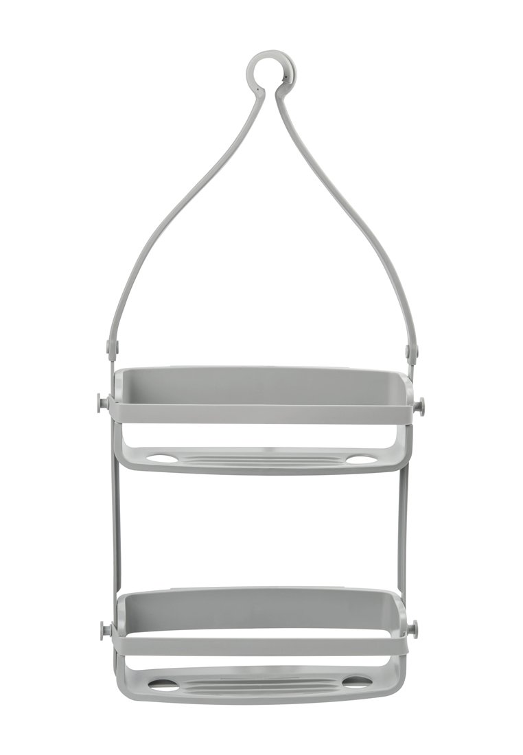 Caddy da doccia in plastica grigia a due livelli con ganci e fori di drenaggio, progettato per essere appeso a un soffione della doccia o a un gancio.