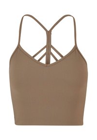 Hnědý žebrovaný crop top s výstřihem do V a křížovými nastavitelnými ramínky na zadní straně. Hladká textura, přiléhavý střih, minimalistický design.