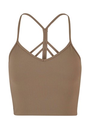 Rjav rebrast top s kratkimi rokavi in v-izrezom ter prepletenimi nastavljivimi naramnicami na hrbtu. Gladka tekstura, oprijet kroj, minimalistična zasnova.