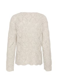 Pull tricoté couleur crème avec manches longues et un motif ajouré sur fond blanc uni.
