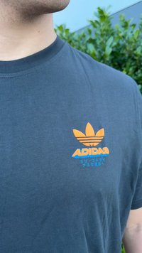Pelēks kokvilnas T-krekls ar oranžu un zilu Adidas logo uz krūšu daļas. Ar apaļu kakla izgriezumu, īsām piedurknēm un mīkstu tekstūru.