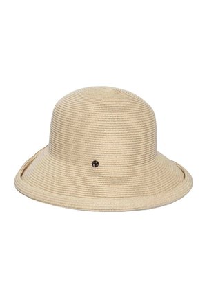 Beige woven bucket hat with a subtle circular pattern and a small black logo pin on the side.