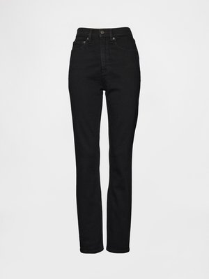 Čierne džíny z denimu so slim fit strihom, vysokým pásom a klasickým piatym vreckovým dizajnom. Obsahujú kovový gombík a pevné švy.