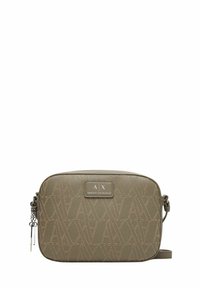 Borsa a tracolla compatta di colore verde oliva con motivo monogramma AX in rilievo e placca con logo Armani Exchange, chiusura con zip e tracolla sottile regolabile.