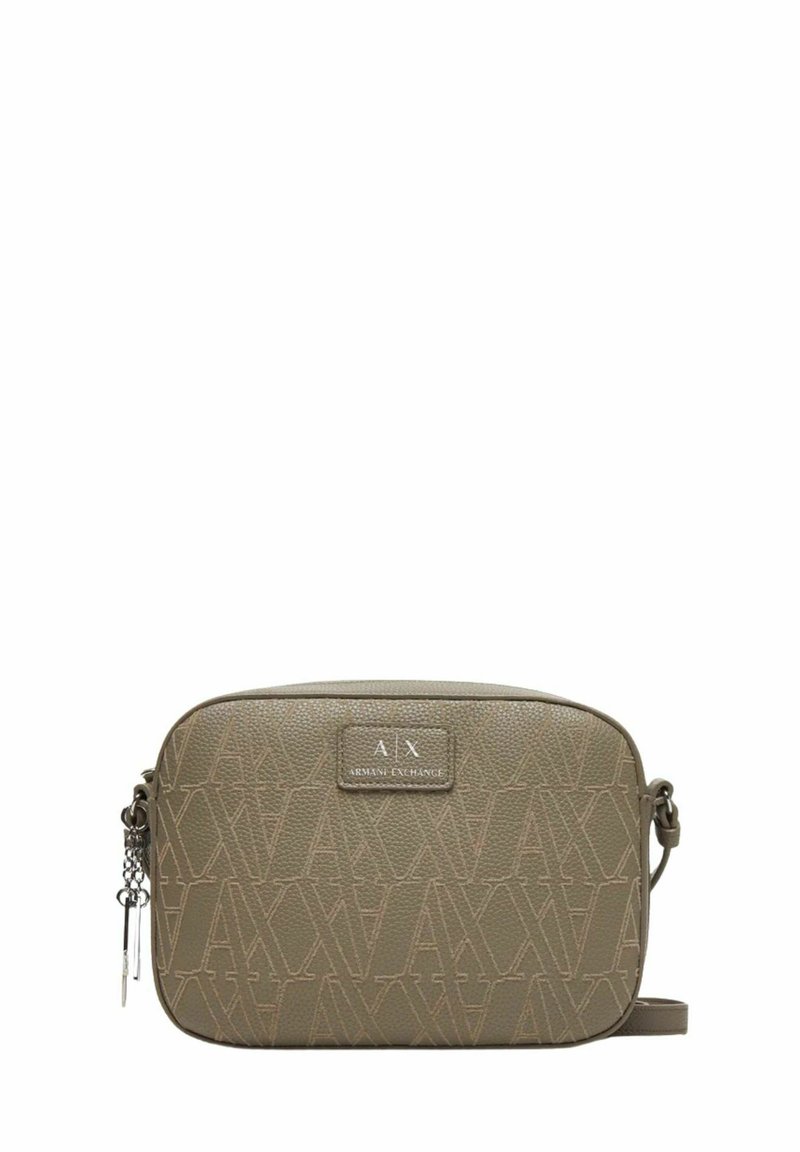 Borsa a tracolla compatta di colore verde oliva con motivo monogramma AX in rilievo e placca con logo Armani Exchange, chiusura con zip e tracolla sottile regolabile.