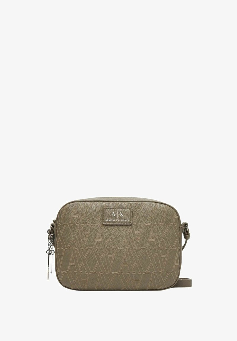 Borsa a tracolla compatta di colore verde oliva con motivo monogramma AX in rilievo e placca con logo Armani Exchange, chiusura con zip e tracolla sottile regolabile.