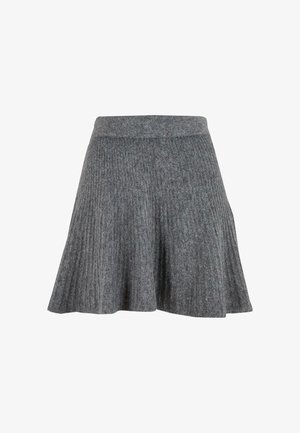 Szürke, harang fazonú szoknya bordás kötött anyagból, széles derékkal és sima textúrával, térd fölé ér.