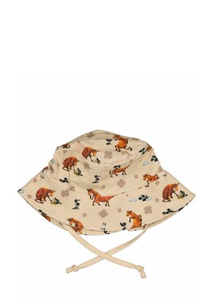 Beige bøllehat med hakestropper, mønstret med tegneserieheste, bjørne, fugle og kløverformer.