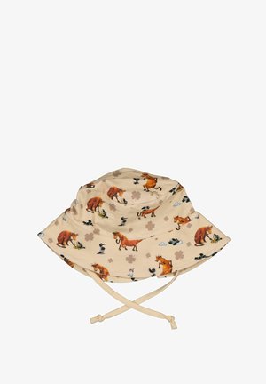 Beige bøllehat med hakestropper, mønstret med tegneserieheste, bjørne, fugle og kløverformer.