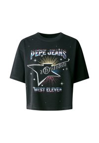Black cropped t-shirt made of cotton with a round neckline. Features a colorful graphic print with "PEPE JEANS LONDON" and starburst designs.