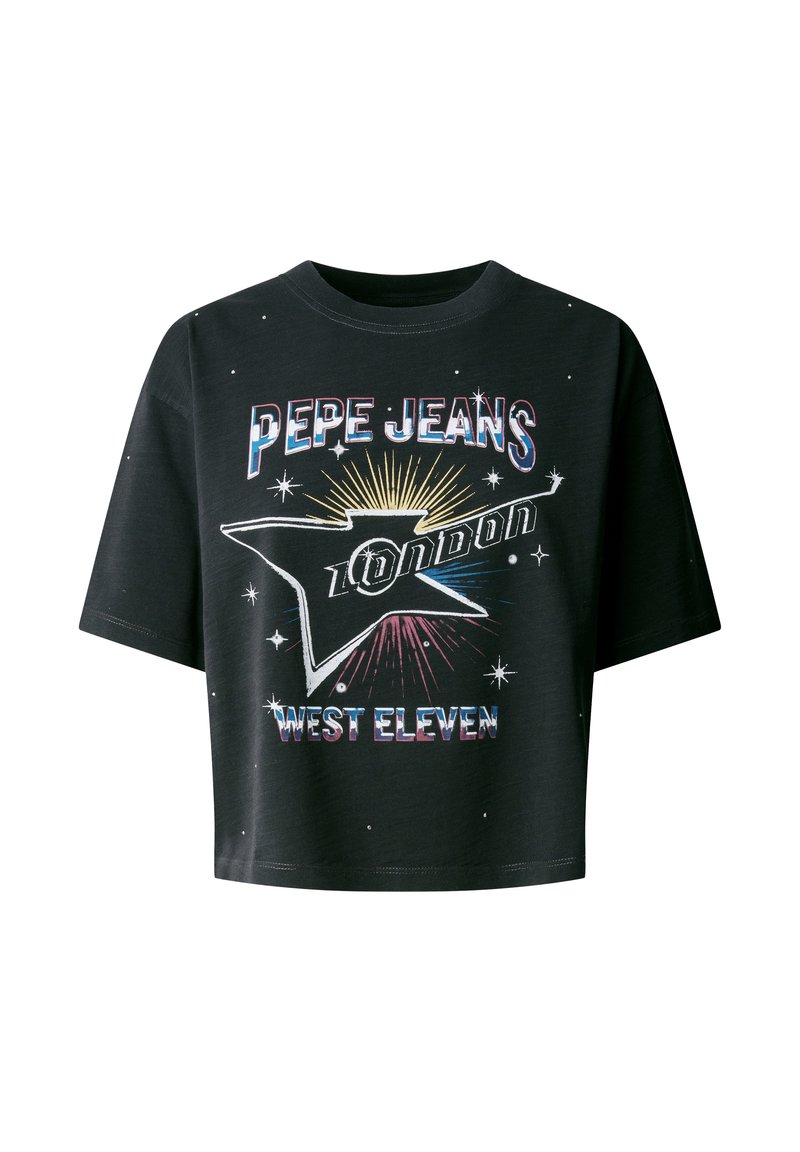 T-shirt nera cropped in cotone con scollo rotondo. Presenta una stampa grafica colorata con "PEPE JEANS LONDON" e motivi di esplosioni di stelle.