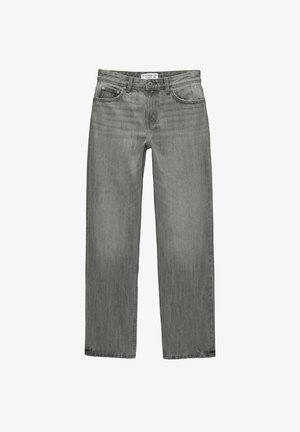 Grå denimjeans med raka ben, femfickorsdesign och en blekt struktur. Har metallknapp och dragkedjestängning.