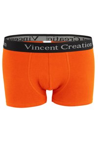 Boxer briefs in cotone arancione con una vita nera riportante la scritta "Vincent Creation" in grigio. Comprendono una tasca frontale e una superficie liscia.
