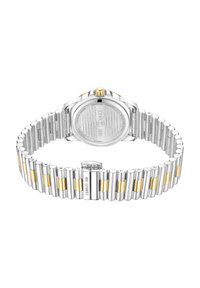 Sudraba un zelta tonēts nerūsējošā tērauda pulkstenis ar strukturētu apaļu korpusu, saites aproci un izteiktu crown; iegravēts zīmola nosaukums uz sprādzes.