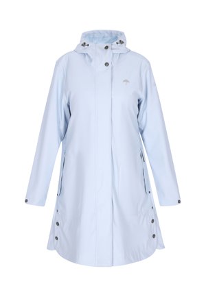 Hele sinine veekindel vihmamantel, millel on kapuuts, nupud, kaks küljetaskut ja logo rinnal. Sile tekstuur, põlvepikkune disain.