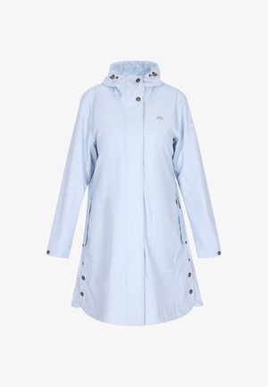 Hele sinine veekindel vihmamantel, millel on kapuuts, nupud, kaks küljetaskut ja logo rinnal. Sile tekstuur, põlvepikkune disain.
