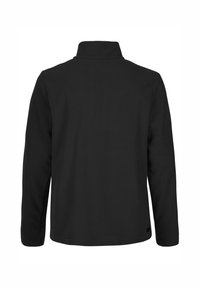 Schwarze Jacke mit langen Ärmeln und hohem Kragen, von hinten auf weißem Hintergrund gezeigt.