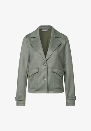 Veste verte texturée avec un col à revers, fermeture à boutons sur le devant, deux poches plaquées et manches longues avec poignets à boutons.