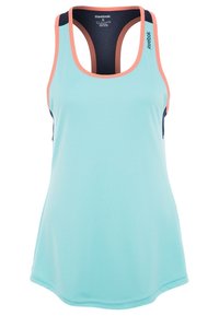 Débardeur de sport pour femme Reebok bleu clair avec bordure corail et panneaux en mesh bleu marine sur le dos, petit logo sur la poitrine et le dos.