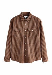 Braun-oranges kariertes Langarmhemd mit Knopfleiste, zwei Brusttaschen und einem Kragen. Hergestellt aus weichem Stoff.