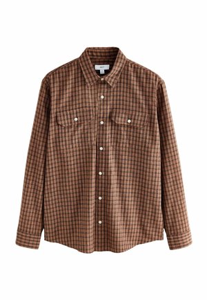 Barna és narancssárga kockás, hosszú ujjú ing, gombos elülső részével, két mellzsebével és galléros nyakrészükkel. Puha anyagból készült.