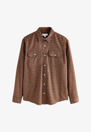 Cămașă cu mânecă lungă, în carouri maro și portocalie, cu închidere cu nasturi, două buzunare pe piept și guler. Fabricată dintr-un material moale.