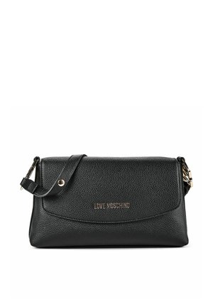 Schwarze strukturierte Leder-Umhängetasche mit verstellbarem Riemen und goldenem Love Moschino Logo auf der Frontklappe.
