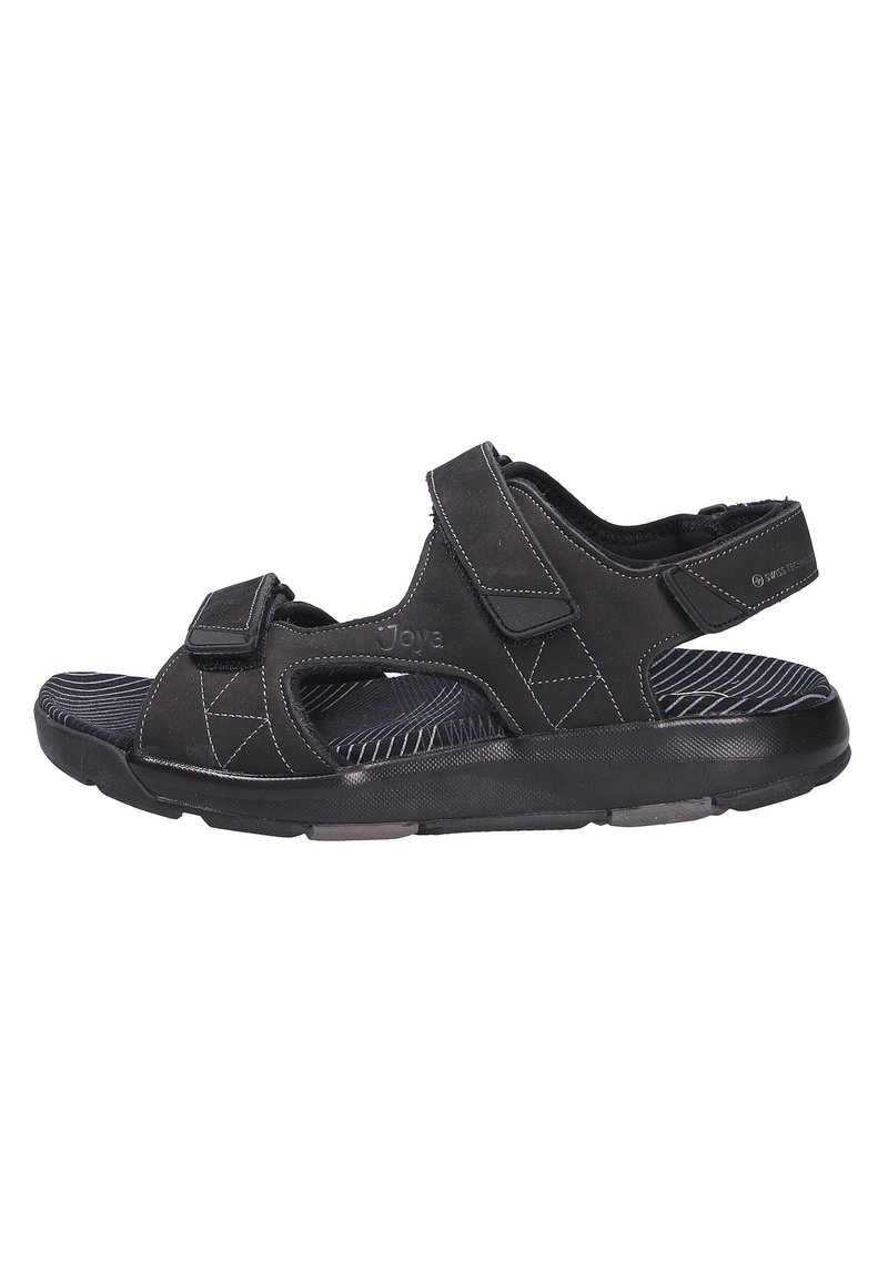 Sandal negra con correas ajustables de velcro, plantilla texturizada y suela de goma. Presenta costuras blancas y un talón acolchado para mayor comodidad.