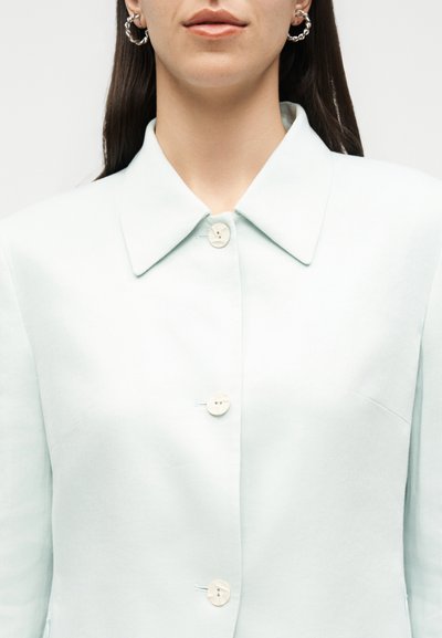 Γυναίκα που φοράει ανοιχτό μπλε σακάκι με κουμπιά και μυτερό γιακά, καθώς και ασημένια στριφτά κρίκους, εμφανιζόμενη από τον λαιμό έως το μέσο του στήθους.