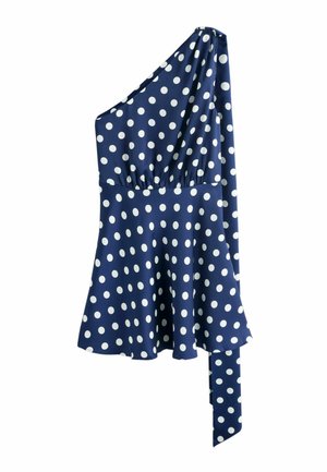 Tamsiai mėlynas, viena petneša palaidinė su baltais taškeliais, su prigludusia liemens dalimi ir asimetrišku apačios kirpimu su ilga juosta vienoje pusėje.