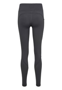 Svarta tights gjorda av elastiskt tyg. Har en hög midja och böjda sömmar. Slät textur utan synliga mönster eller detaljer.