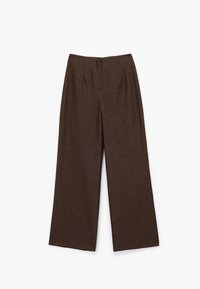 Wijde broek in donkerbruin stof, met een gestructureerde afwerking, platte tailleband en nette voorplooien. Rechte zomen bij de enkels.