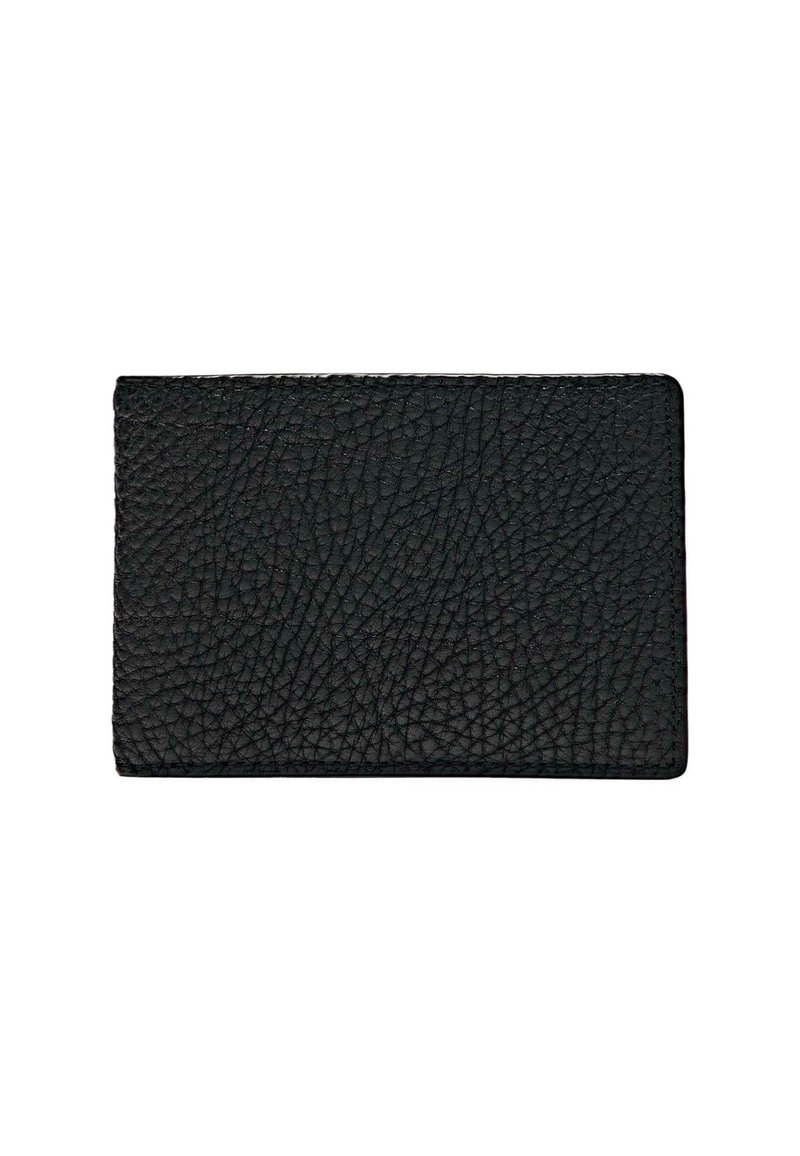 Portefeuille en cuir noir avec une surface texturée, de forme rectangulaire et des bords lisses. Le design ne présente aucun matériel ou accent visible.