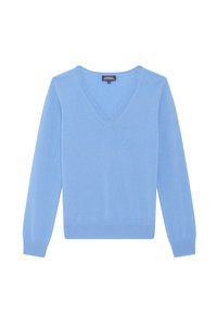 Maglione azzurro chiaro a scollo a V realizzato in un tessuto morbido. Presenta polsini e fondo a coste, maniche lunghe e una silhouette aderente.