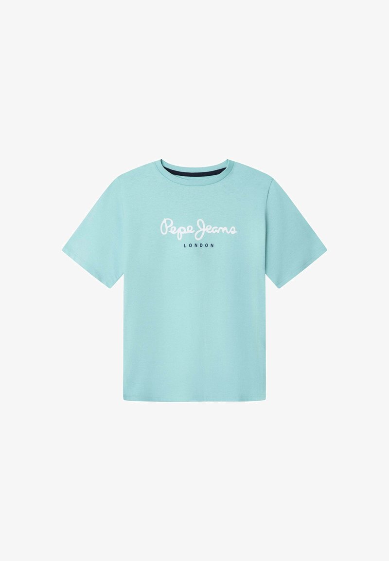 T-shirt bleu clair à manches courtes en coton, avec le texte "Pepe Jeans LONDON" en blanc et noir. Col rond, coupe décontractée.