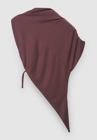 Capuche en tissu marron, forme triangulaire avec un col drapé et un cordon de serrage. Texture lisse avec un design élégant.