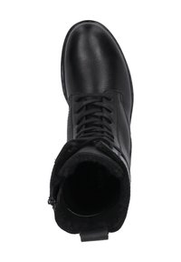 Zwarte leren enkellaarzen met een gestructureerde afwerking, voorzien van veters, een zachte binnenvoering en een ronde neus. Rits aan de zijkant.