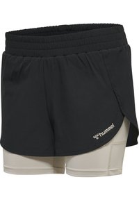Svarta träningsshorts med elastisk midja, lager över beige kompressionsshorts, med en Hummel-logotyp och en lös passform.