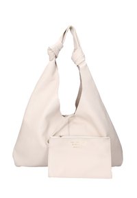 Borsa a spalla in pelle beige chiaro con manici annodati, compartimento principale con cerniera e pochette removibile con testo in rilievo. Texture liscia.