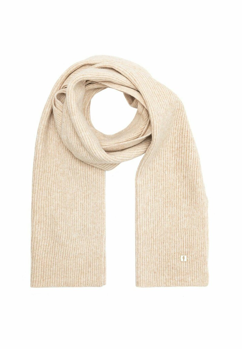 Beżowy szalik w prążki wykonany z miękkiego materiału, z subtelną teksturą i małym logo na jednym końcu.