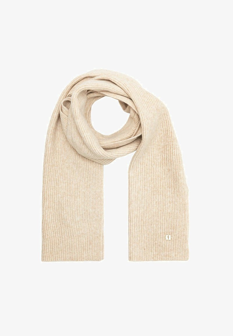 Beżowy szalik w prążki wykonany z miękkiego materiału, z subtelną teksturą i małym logo na jednym końcu.