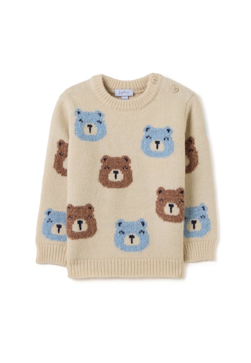 Cremefarbener gestrickter Kinderpullover mit blauen und braunen Teddy-bär-Gesichtern, die über die Vorderseite und die Ärmel verteilt sind, und zwei Schulterknöpfen.
